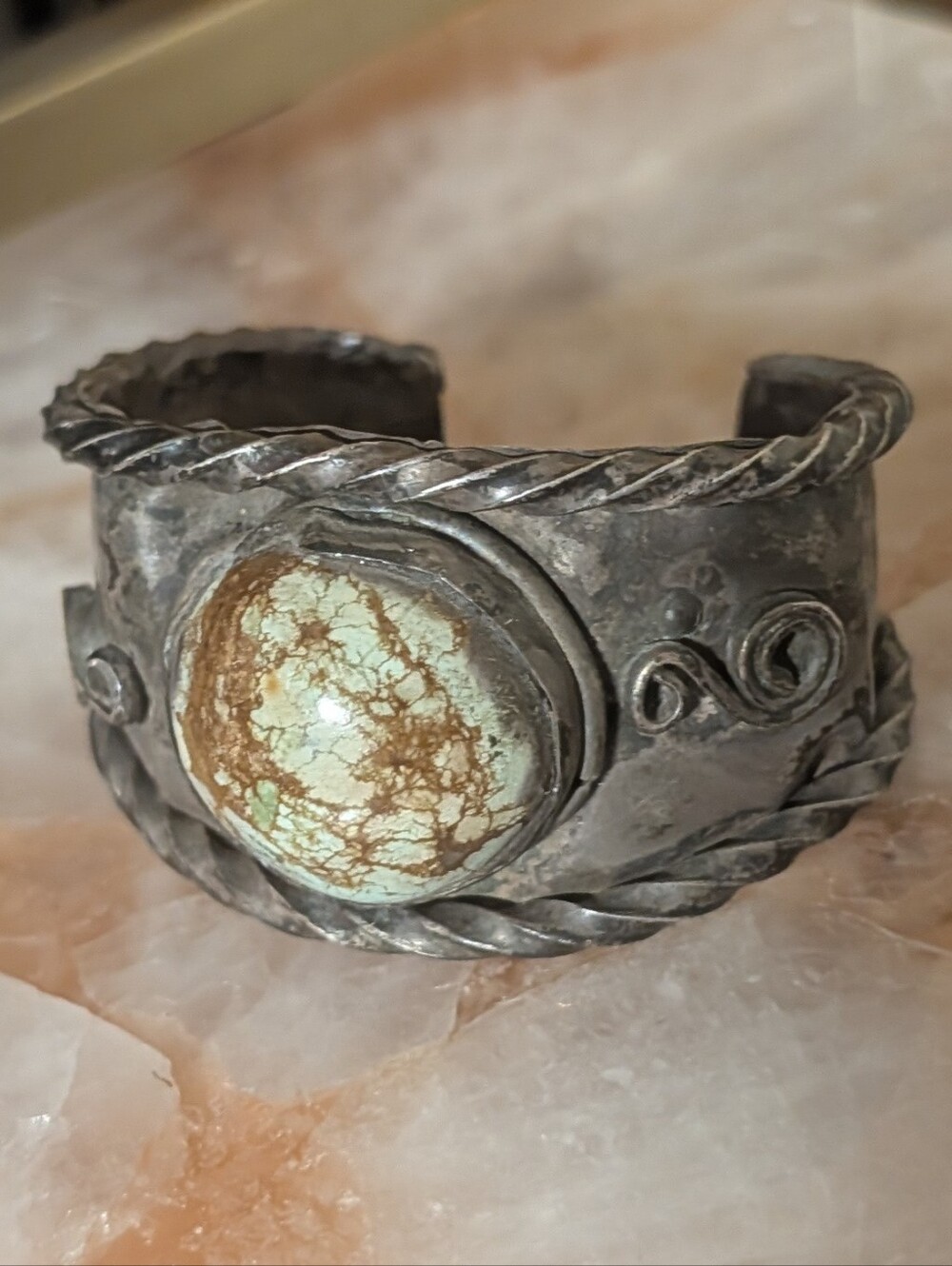 Vintage Southwestern Sterling Cuff Bracelet w/ Large Domed Natural Turquoise